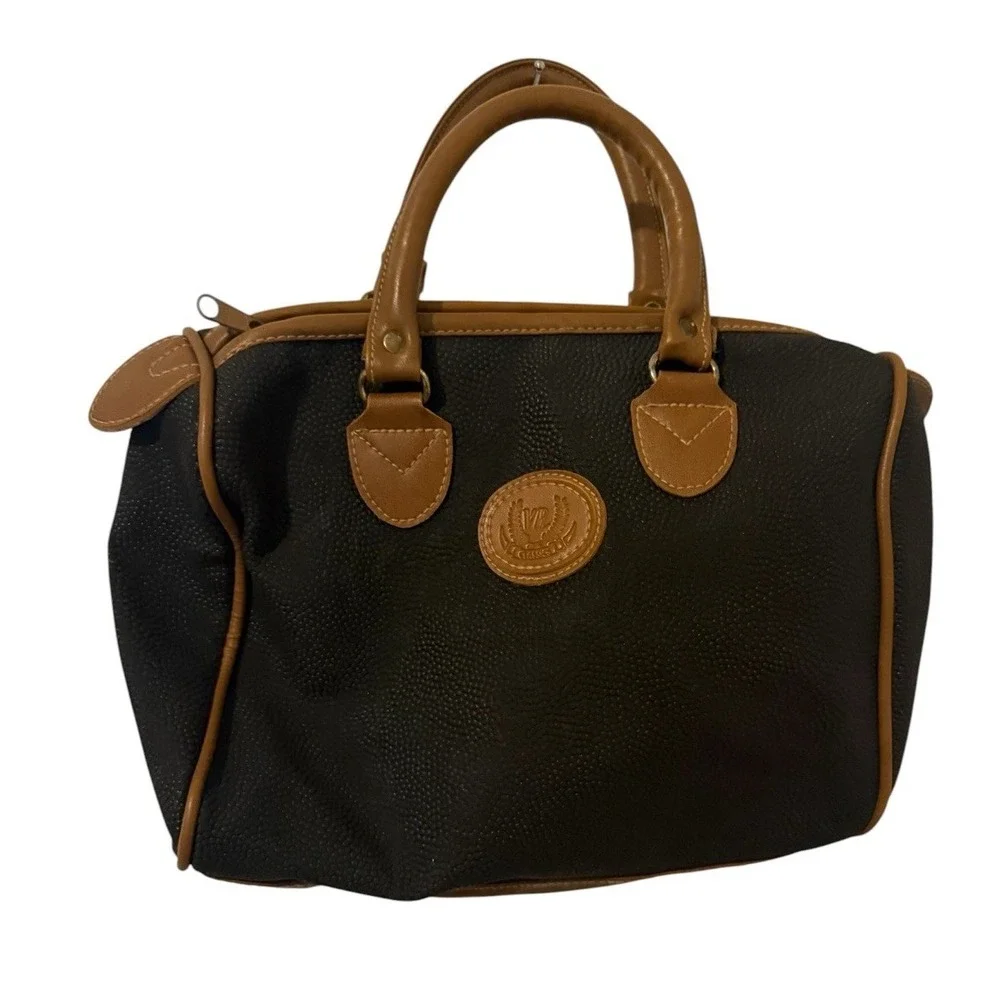 Bag Bazaar Black Brown Satchel Top Handle Zip Inner Pockets Pebble Leather Vtg